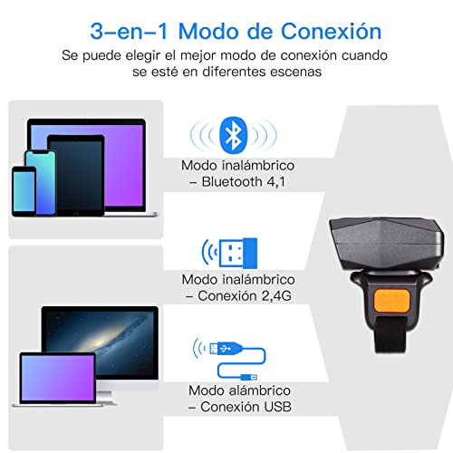 Eyoyo 2D Escáner de Código de Barras, Mini 1D 2D QR Código de Barras del Anillo Portátil con USB Cable & 2.4G Inalámbrico & Bluetooth Soporte QR/Data Matrix/ PDF417 para iPad, iPhone, Android, PC