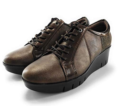 EZ - Zapatos Mujer Cuña con Cordoneras con Estilo Informal |Comodones para Andar sin Dolor en los Piés | Cásual | Combinable en Invierno con Todo - Talla Correcto (Bronce, 37 EU, 37)