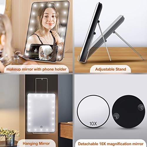 FASCINATE Espejo de Mesa, Espejo de Maquillaje con Soporte para Teléfono, Espejo Cosmético de Doble Cara con Aumento 10X/1X, Espejo con Luz Portátil, Espejo Colgante Pequeño