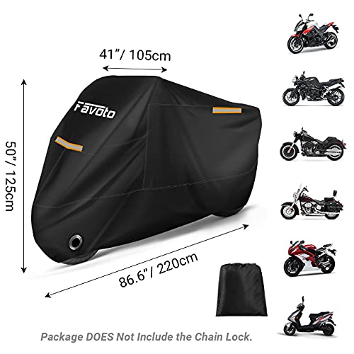 Favoto Funda para Moto Cubierta de la Motocicleta 210T Protectora Poliéster con Banda Reflectante a Prueba de Sol Agua Lluvia Polvo Viento Nieve Excremento de Pájaro al Aire Libre XL 220cm Negro