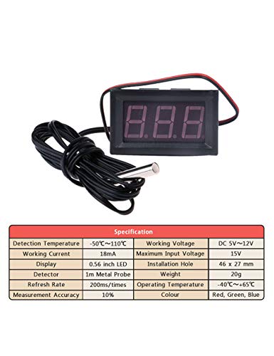 FBBULES Termómetro Digital de 12V con Sonda Medidor LED de Temperatura Monitor para Congelador Refrigerador Pecera de Acuario,Azul