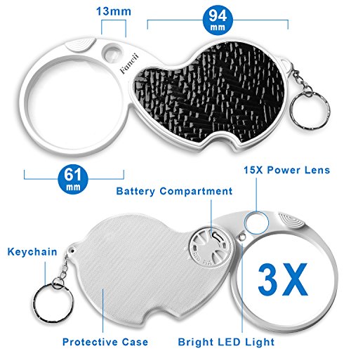 FC Optics Lupa Plegable de Bolsillo con Luz LED, Aumentos de 3X y 15X - Lente de 60 mm de Diámetro, Lupa Llavero Portátil para Lectura, Inspección, Joyería, Monedas