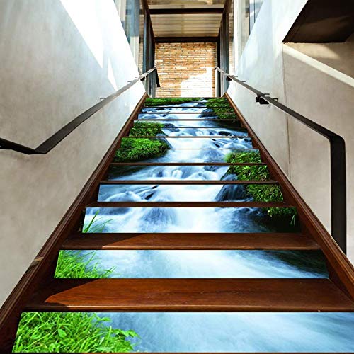 Fdit 6pcs 3D Streams Paisaje Natural Escaleras Autoadhesivas Elevadores Pegatinas Patrón de Cascada Impermeable Pegatinas de Escalera Etiqueta de Piso de Pared Decoración de Papel Tapiz