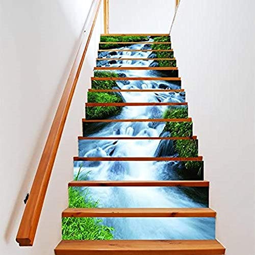 Fdit 6pcs 3D Streams Paisaje Natural Escaleras Autoadhesivas Elevadores Pegatinas Patrón de Cascada Impermeable Pegatinas de Escalera Etiqueta de Piso de Pared Decoración de Papel Tapiz