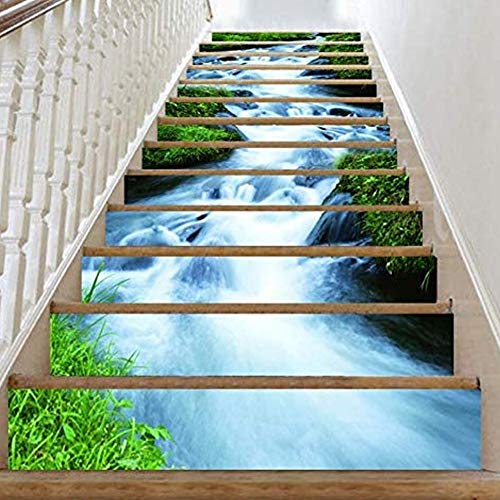 Fdit 6pcs 3D Streams Paisaje Natural Escaleras Autoadhesivas Elevadores Pegatinas Patrón de Cascada Impermeable Pegatinas de Escalera Etiqueta de Piso de Pared Decoración de Papel Tapiz