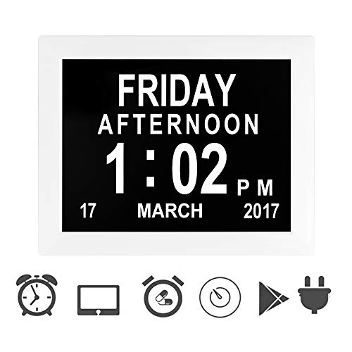 Febelle Marco Reloj Digital Calendario para Fotos Vídeos música para Ancianos y Pacientes 8 Opciones de Alarmas y Recordatorios de Medicamentos (Blanco)
