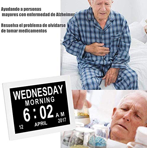 Febelle Marco Reloj Digital Calendario para Fotos Vídeos música para Ancianos y Pacientes 8 Opciones de Alarmas y Recordatorios de Medicamentos (Blanco)