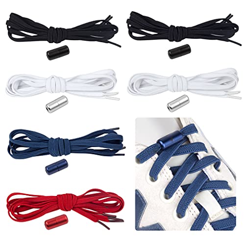 Feibmir 6 pares de cordones elásticos sin lazo, cordones universales para niños y adultos, cordones planos sin cordones para correr con cerradura de metal (blanco, negro, rojo, marino)