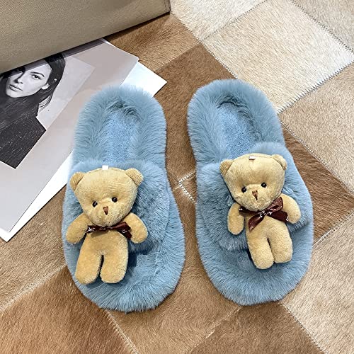 Felpa Pantuflas-Net Celebrity Lindas Pantuflas De Oso, Pantuflas De AlgodóN para El Hogar, Chanclas Planas para OtoñO E Invierno, Pantuflas De Felpa, Hija Y Esposa,Azul,35