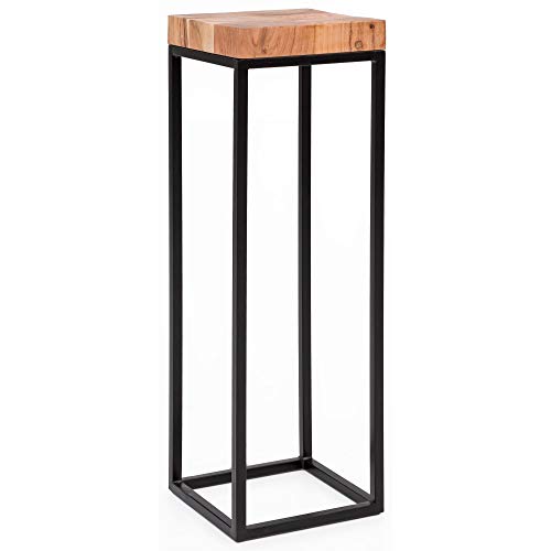 FineBuy Mesa Auxiliar Cuadrada Industrial 30x30x97 cm Madera Maciza de Acacia y Metal | Mesa Lateral Alta para Salón | Mesita Café Pequeña para Sofá