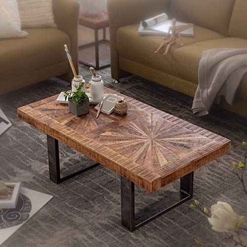 FineBuy Mesa de Centro Industrial Rectangular 105x55x40 cm Madera Maciza de Mango y Metal | Mesa Auxiliar para Salón | Mesita Café para Sofá