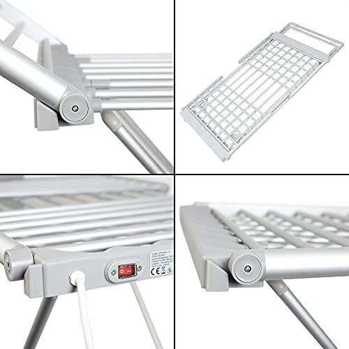 FISHTEC Tendedero Eléctrico Plegable de Aluminio - Toallero Térmico 18 Barras - 230 W - 145cm - Aluminio Plata