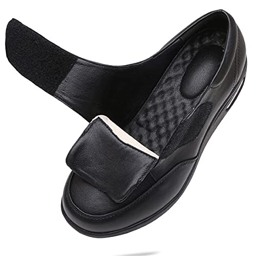 FJJLOVE Zapatillas Diabéticas, Zapatos para Caminar De Cuero Ajustables Edema Zapatos Ladies Extra Ancho Confort Sandalias Hinchadas Ancianos para Hombres Mujeres,Negro,42