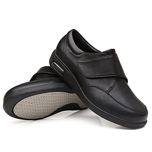 FJJLOVE Zapatillas Diabéticas, Zapatos para Caminar De Cuero Ajustables Edema Zapatos Ladies Extra Ancho Confort Sandalias Hinchadas Ancianos para Hombres Mujeres,Negro,42