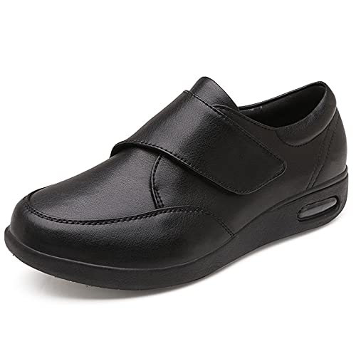 FJJLOVE Zapatillas Diabéticas, Zapatos para Caminar De Cuero Ajustables Edema Zapatos Ladies Extra Ancho Confort Sandalias Hinchadas Ancianos para Hombres Mujeres,Negro,42