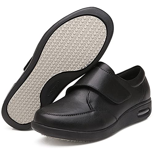 FJJLOVE Zapatillas Diabéticas, Zapatos para Caminar De Cuero Ajustables Edema Zapatos Ladies Extra Ancho Confort Sandalias Hinchadas Ancianos para Hombres Mujeres,Negro,42