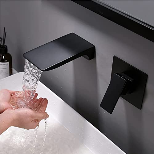 FKKFUCI Grifo De Baño Grifo De Lavabo De Pared Negro Grifo De Cascada Montado En La Pared Grifo De Bañera Empotrado De Latón