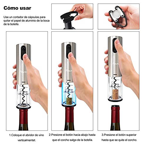 Flauno Sacacorchos Eléctrico – Automatico Abrelatas de Vino Electrico | Abridor Botellas Vino Recargable con Corta Cápsulas | Vertedor de Vino | Tapón de Vino Silicona de Vacío y Base de Recarga