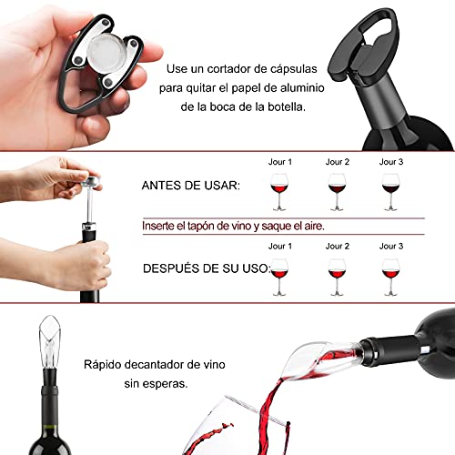 Flauno Sacacorchos Eléctrico – Automatico Abrelatas de Vino Electrico | Abridor Botellas Vino Recargable con Corta Cápsulas | Vertedor de Vino | Tapón de Vino Silicona de Vacío y Base de Recarga