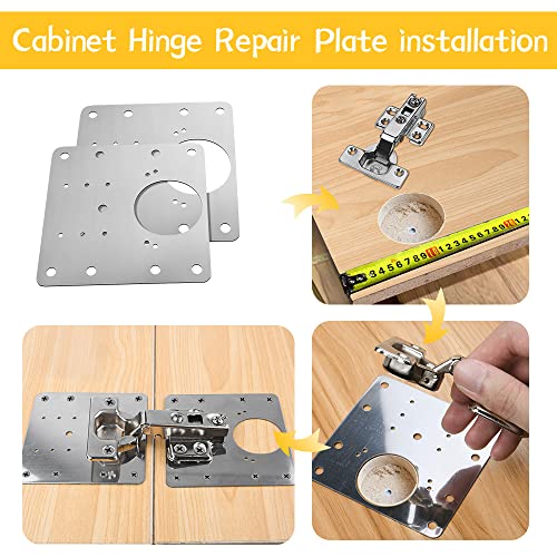 flintronic Placa de reparación de bisagras, 4 Piezas Artefacto de Reparación de Bisagras, acero inoxidable Armario placa de reparación de bisagras, Con24tornillos y una broca Phillips, para Madera