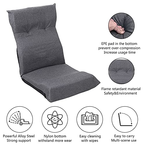 FLOGUOOR Sofa Suelo, Sillon Lectura, Silla de Suelo Plegable Resistente al Desgaste con Respaldo Ajustable en 6 Pasos, Sillon Lectura Apto para la Meditación (Grey) 128A