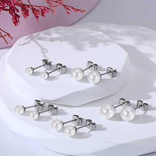 Flongo 10PCS Pendientes para Mujer Pendientes Redondos de Tuerca para Mujer Perlas Pendientes Aretes para Mujer (4 mm, 5 mm, 6 mm, 7 mm y 8 mm), Acero Inoxidable con Perlas de Imitación Brillantes