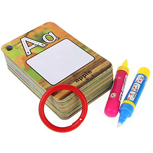 FLORMOON Tablero de Dibujo de niños Tarjeta de Pintura de Agua A-Z 26 Cartas de Pintura de Agua de Letras Reutilizables para Mostrar Tarjetas de Palabras, 2 bolígrafos mágicos incluidos