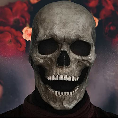 Fmlkic Máscara de calavera aterradora con máscara de mandíbula móvil Casco de látex realista de Halloween Máscara de ojos brillantes Horror Cabeza completa Esqueleto Sombrerería para adultos