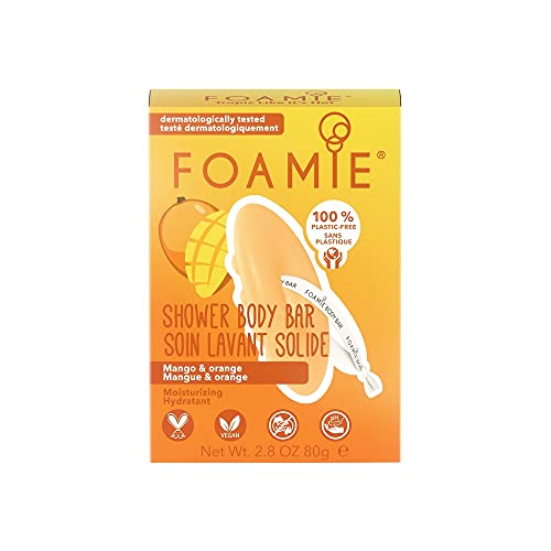 Foamie Gel de ducha 2 en 1 solido para todo tipo de piel con mango y naranja que hidrata intensamente la piel 100% vegano y sin plástico 80g