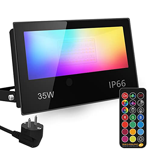 Foco LED RGB Exterior, cambio de color 35W, modo estroboscópico personalizado para bricolaje, RGB 12 colores, temporización, control remoto incluido, IP66 a prueba de agua