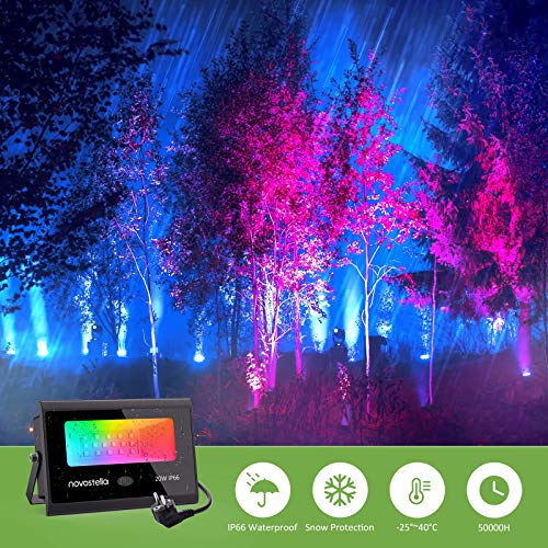 Focos LED RGB Exterior 20W 2 Piezas, Novostella Proyector LED 20 Colores 6 Modos Ajustable, IP66 Impermeable con Control Remoto, Función de Memoria y Temporizador, Luz Decoración Jardín Fiesta