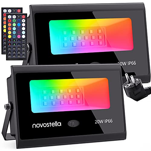 Focos LED RGB Exterior 20W 2 Piezas, Novostella Proyector LED 20 Colores 6 Modos Ajustable, IP66 Impermeable con Control Remoto, Función de Memoria y Temporizador, Luz Decoración Jardín Fiesta