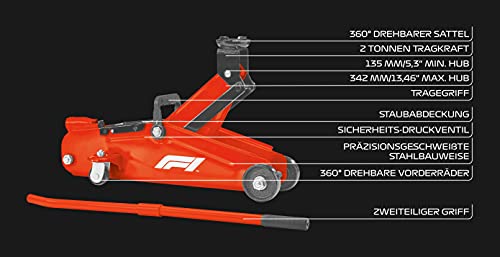 Formula 1 Gato hidráulico con Ruedas para 2 toneladas, Gato Elevador para Coche con asa, Superficie de Apoyo giratoria 360°, para Taller, Hobby