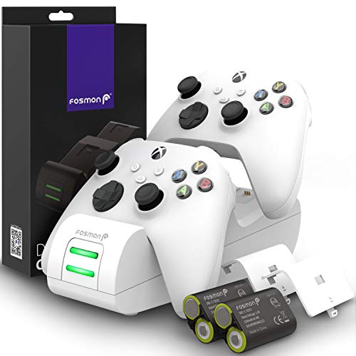 Fosmon Dual 2 MAX Cargador Compatible con Mando Xbox Series X/S (2020), Xbox One/One X/One S Elite Controller, (Doble Estación) Estación de Carga Rápida con 2x 2200mAh Ni-MH Batería Recargable -Blanco