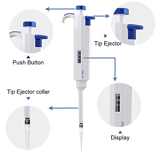 Four E'S Scientific 10-100μL Pipettatori monocanale regolabile in autoclave pipetta da laboratorio con 200μL x30 punte pipette