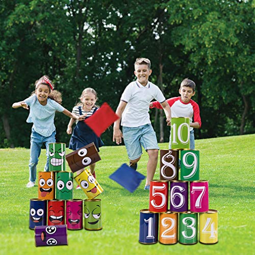 Fowecelt Juego de Lanzamiento de Bolsas de Frijoles al Aire Libre del Carnaval Fiesta de Cumpleaños Niños y Adultos, 10 Latas de Metal con 4 Bolsas de Frijoles