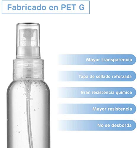 Frascos plastico para Gel Pack de 4 Botes vacíos de Viaje de 100 ml con Spray pulverizador para Agua, Perfume y Gel/Pet G