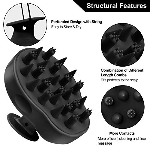 FReatech Actualizado Cepillo de Champú para Masaje de Cabeza con 2 Tipos Cerdas de Silicona, Cuida Cuero Cabelludo Censible y Delicado, Exfolia Suavemente y Estimula Crecimiento del Cabello, Negro