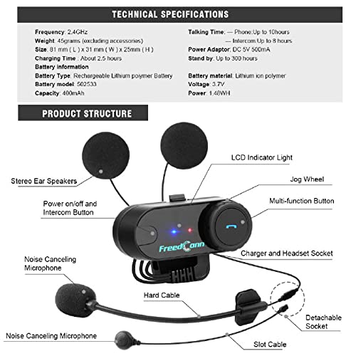 FreedConn T-COMVB BT 800M 500M/0.3MI - Casco para motocicleta con auriculares de comunicación Bluetooth para moto, equitación, esquí, 2 – 3 personas (1 unidad con cable duro)