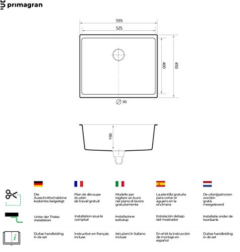 Fregadero bajo Encimera 55,5 x 45 cm, Fregadero Granito Un Seno + Sifón Clásico, Fregadero Cocina London 60 de Primagran, Negro