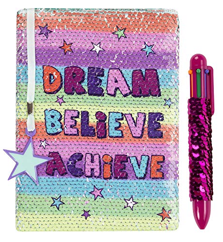 FRINGOO® Agenda Reversible de Lino con Bolígrafo Multipunto Arco Iris para Niñas Niños Diario A5 con Marcador Cuaderno Escolar de Purpurina Unicornio 80 Páginas