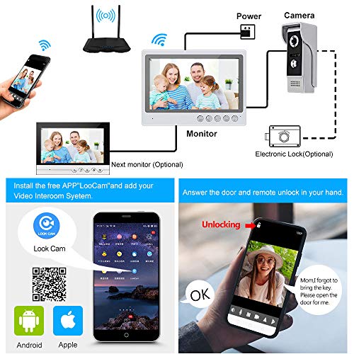 FTSTech Intercomunicador de Videoportero WiFi de 9pulgadas con Sistema de Cámara de 4 Cables 700TVL,Desbloqueo Remoto de Aplicaciones, Visión Nocturna,Grabación,Detección de Movimiento