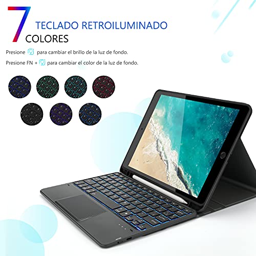 Funda con Teclado Español Trackpad para iPad 10.2 7ª/8ª Generación,iPad Air 3 2019/iPad Pro 10.5 2017, Teclado Desmontable Retroiluminado de 7 Colores, Funda para iPad 10.2 2020/2019, Negro