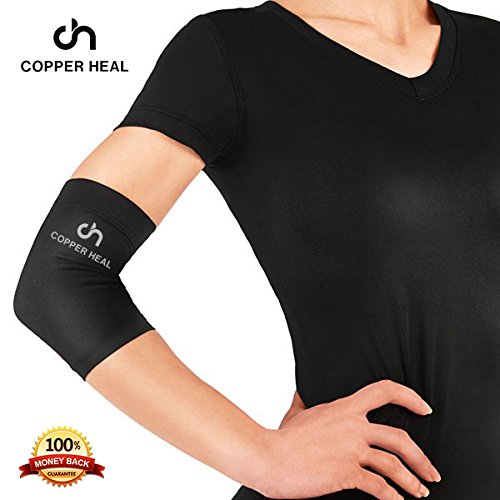 Funda de Compresión de Cobre de Codo COPPER HEAL - Manga Codo recuperación médica contenido más alta infundida Codera Soporte rígido Dolor músculos articulaciones Tendonitis Brazo canasta tenis (L)