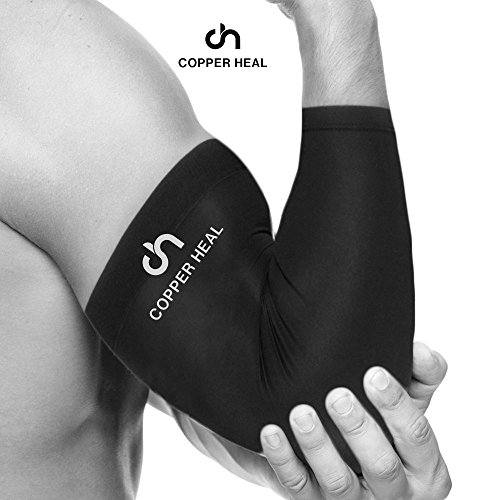 Funda de Compresión de Cobre de Codo COPPER HEAL - Manga Codo recuperación médica contenido más alta infundida Codera Soporte rígido Dolor músculos articulaciones Tendonitis Brazo canasta tenis (L)