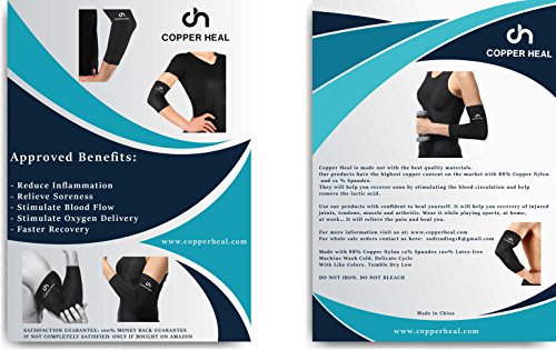 Funda de Compresión de Cobre de Codo COPPER HEAL - Manga Codo recuperación médica contenido más alta infundida Codera Soporte rígido Dolor músculos articulaciones Tendonitis Brazo canasta tenis (L)