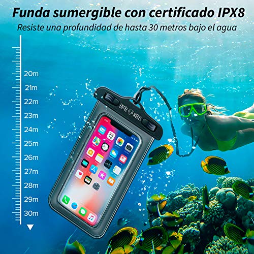 Funda Impermeable Móvil Universal IPX8 con Bolsa Sumergible Agua Estanca Acuática Playa | iPhone 12 XR XS X SE 11 9 8 7 6s Plus Samsung S20 plus A71 Xiaomi Mi 10 Huawei P30 BQ Aquaris (Negro)