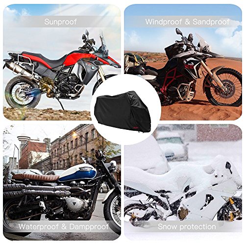 Funda para Moto 210D Funda Protector Cubierta de moto Impermeable a Prueba de Polvo Protector UV con Agujeros de Bloqueo Cubierta Contra Viento Negro (265*105 * 125CM)