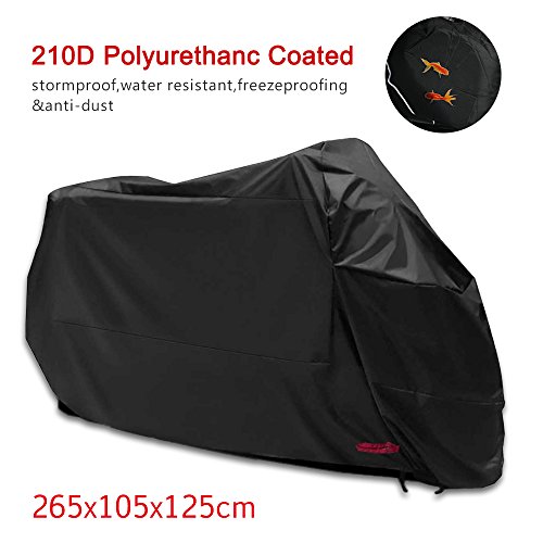 Funda para Moto 210D Funda Protector Cubierta de moto Impermeable a Prueba de Polvo Protector UV con Agujeros de Bloqueo Cubierta Contra Viento Negro (265*105 * 125CM)