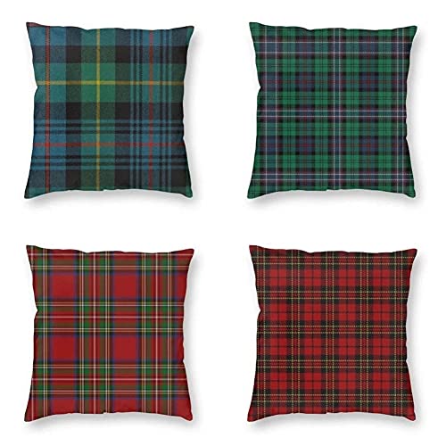 Fundas Cojines 40X40cm,Juego de 4 Cojines Sofa, Funda de Cojín para Impresión a Doble Cara Tela Escocesa roja Verde,Fundas de Almohada Decorativas Cuadradas,Funda Cojin Terciopelo para Sofá Cama